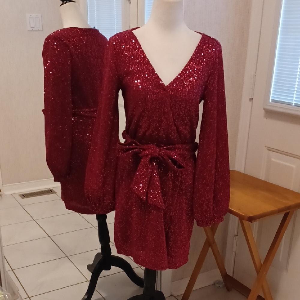 4/$80 Dark Pink Sequin Tie Front Long Sleeve Dress - Size XS